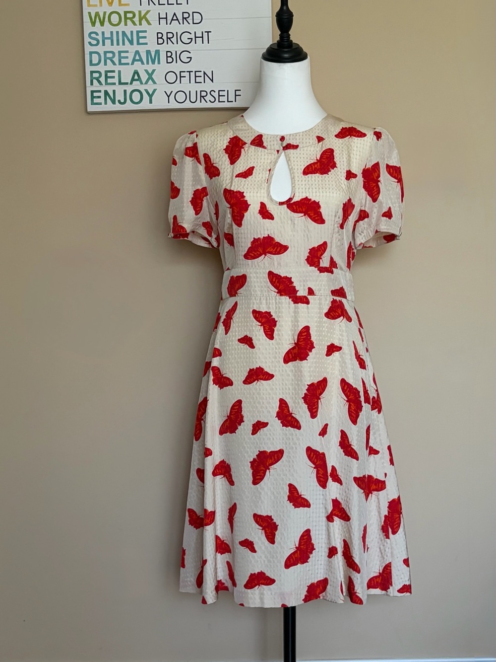 100% Silk Cream Midi Dress with Red Butterfly Print and Keyhole Neck